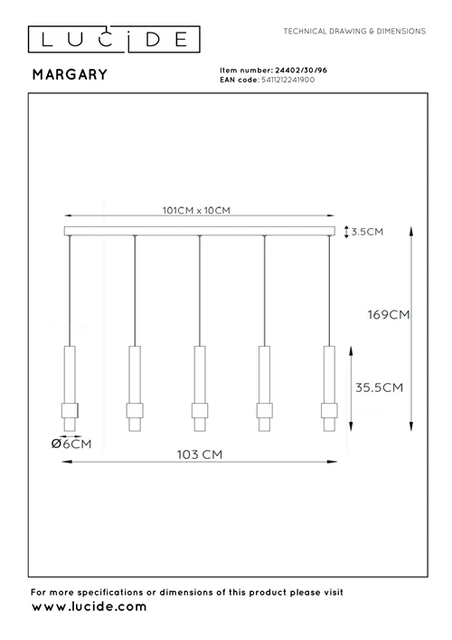 Lucide MARGARY - Pendelleuchten - LED Dim. - 5x4,2W 2700K - Kaffee - technisch